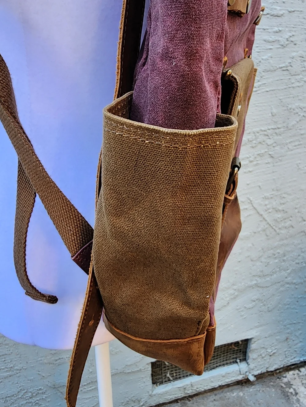 Vintage Waxed Canvas & Leather Roll Top Backpack Rucksack Purple Khaki